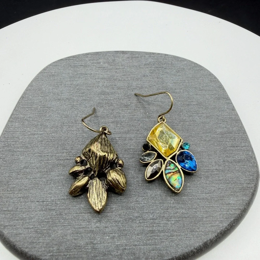 Multicolor Rhinestone Abalone Look Gold Tone Dangle Earrings Boho Statement